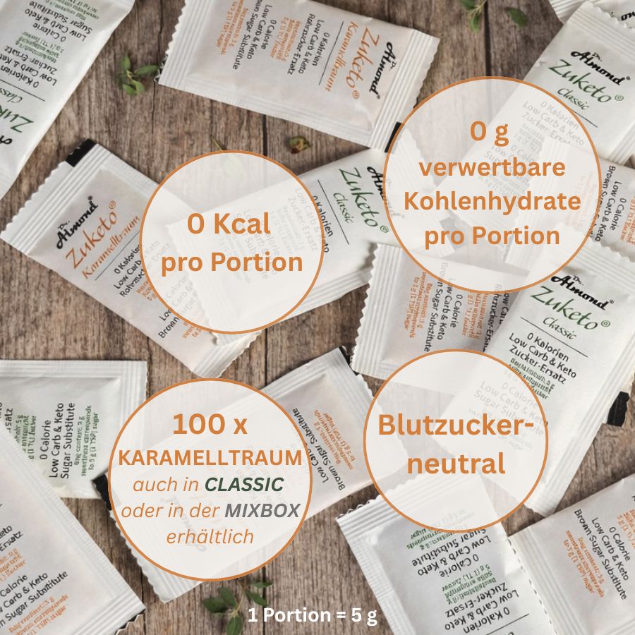 Zuketo Karamelltraum Box | Portionsbeutel (100 x 5 g) | ohne Zuckerzusatz | keto – Bild 4